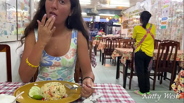 Katty eats lunch in an Asian cafe without panties and flashing pussy in public